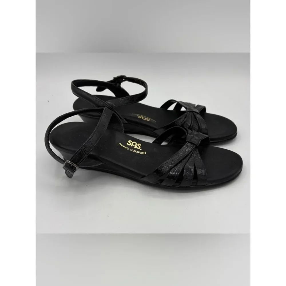 SAS patent leather black strapy semi wedge sandal women’s 9.5